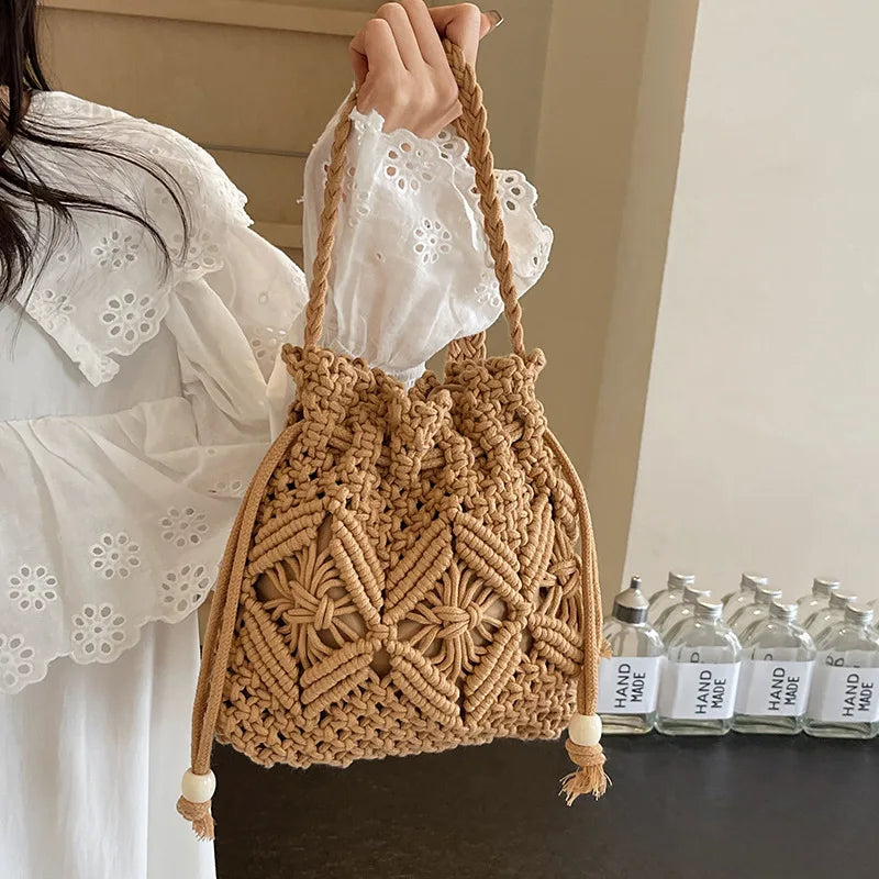 Woven Shoulder Crossbody Bucket Bag